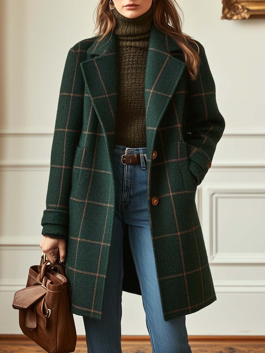 Manteau femme en tweed à carreaux, col rétro élégant