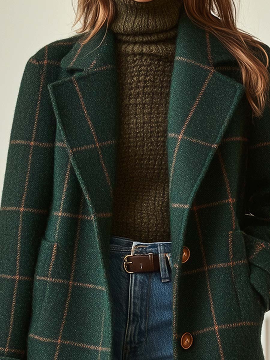 Manteau femme en tweed à carreaux, col rétro élégant